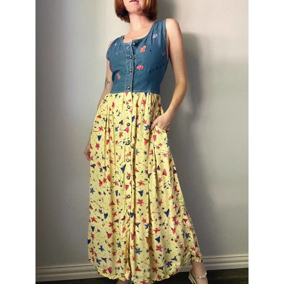 Vintage 1990s Denim + Yellow Floral Flowy Button Up Maxi Dress - Picture 4 of 6